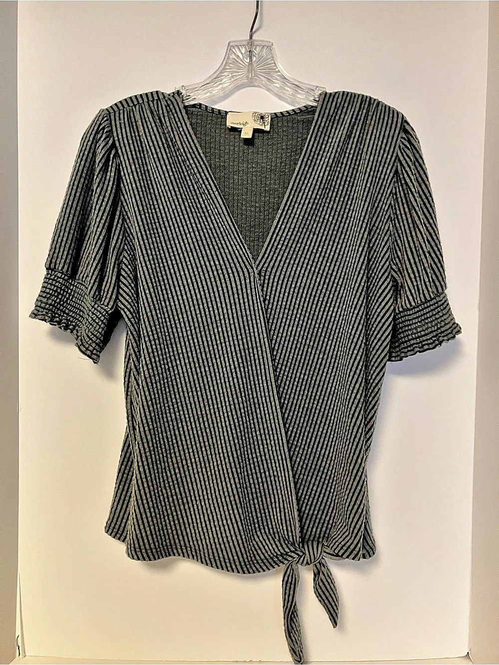 everleigh Striped Tie-Front Blouse in Black & Gray Size Medium